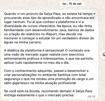 Print de WhatsApp: aluno que começou sem saber Java e ganhou promoção de cargo