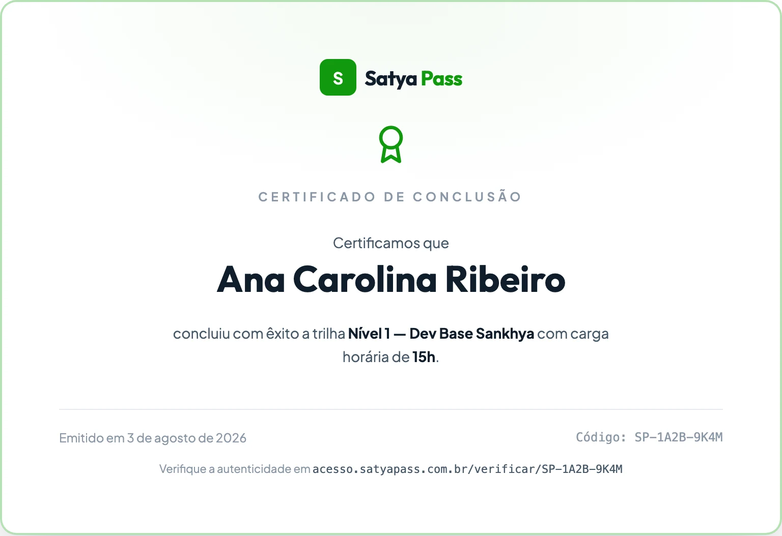 Certificado de conclusão da Satya Pass: nome do aluno, trilha concluída, carga horária e código de verificação