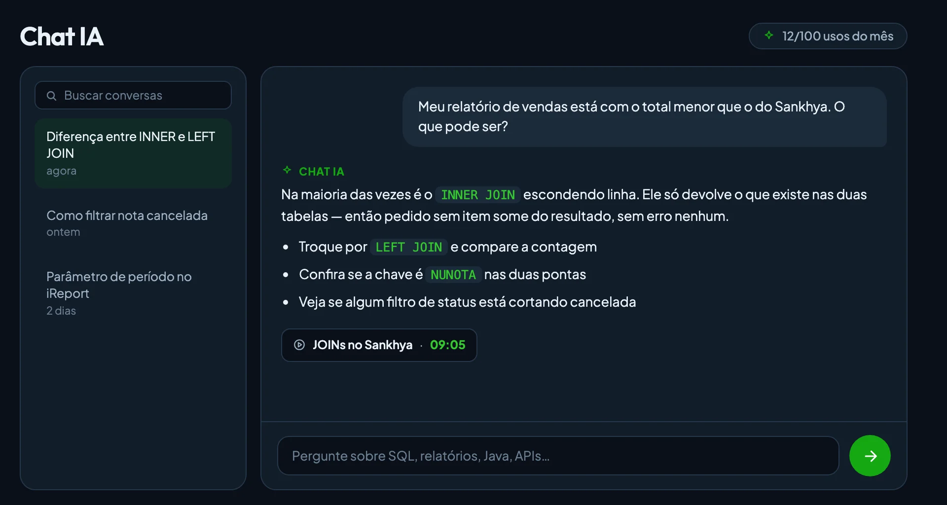Chat IA da Satya Pass respondendo uma dúvida de SQL e citando a aula e o minuto exato