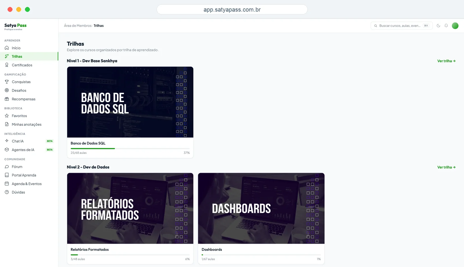 Área do aluno da Satya Pass: trilhas por nível, com os cursos e o progresso de cada um